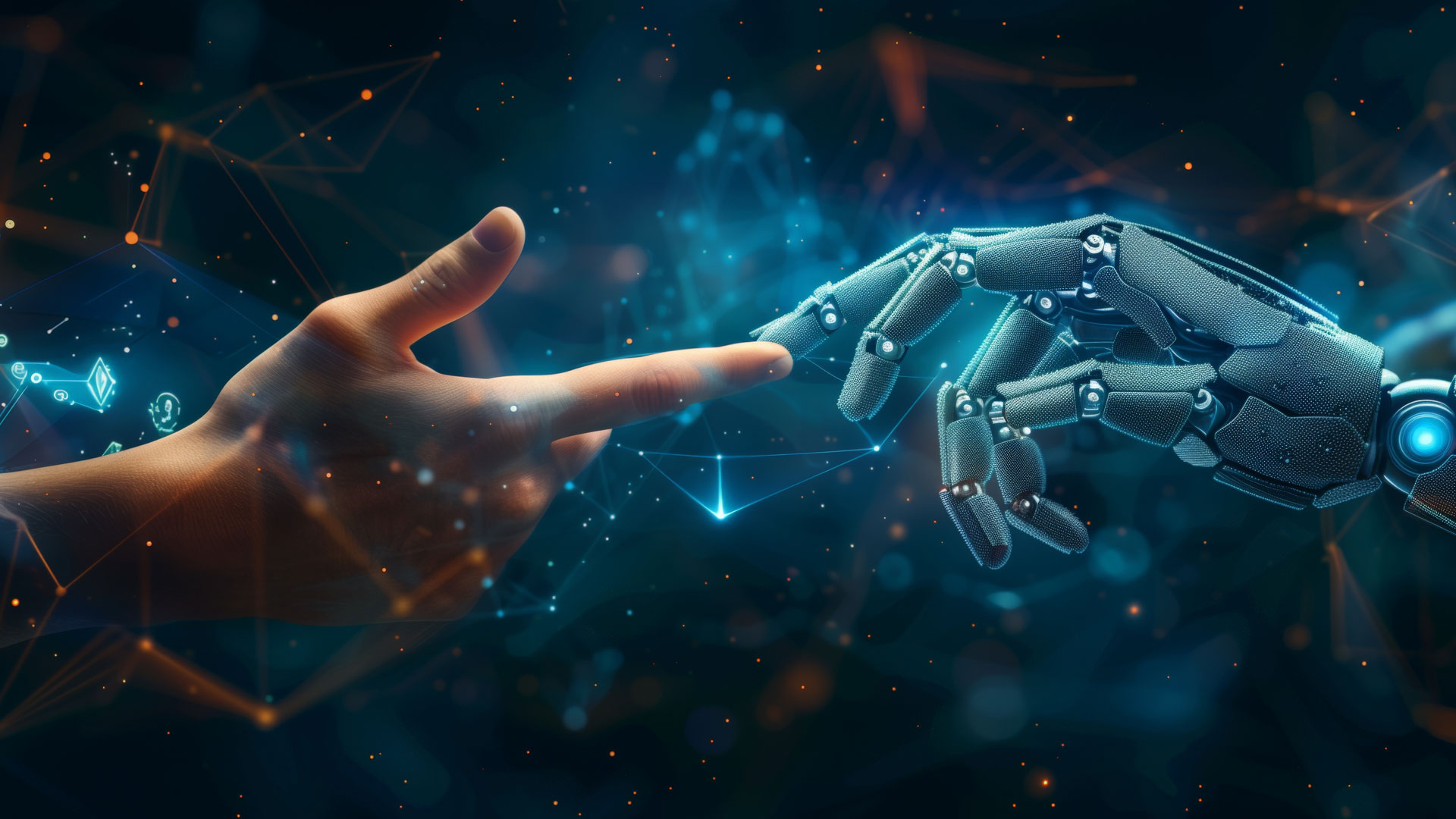 Menschliche Hand berührt Roboterhand ein Symbol für Künstliche Intelligenz im Unternehmensalltag zwischen Hype und Realität